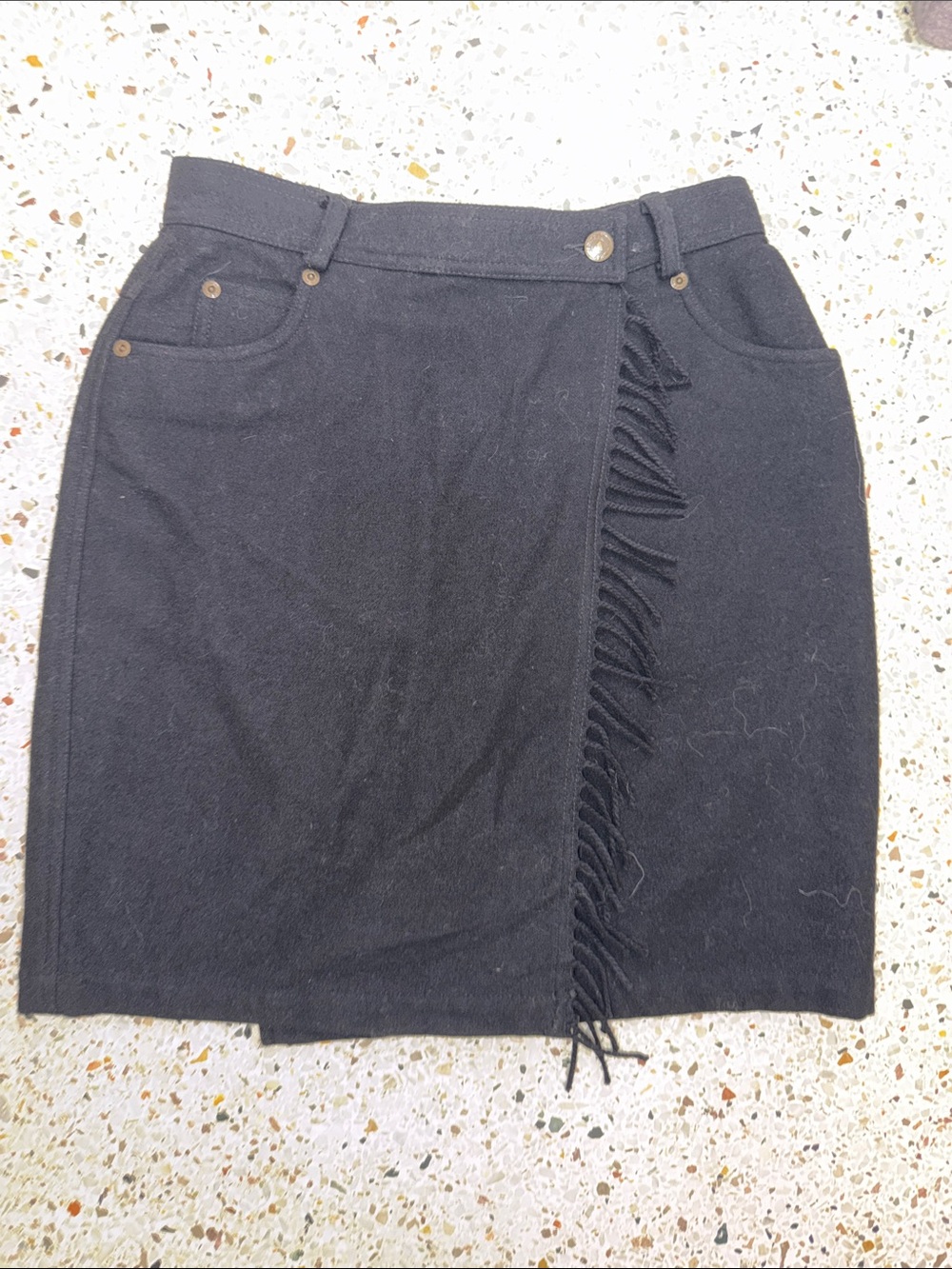 Y2K 90’s vintage wool blend wrap mini skirt black fringe 6 Lizwear
